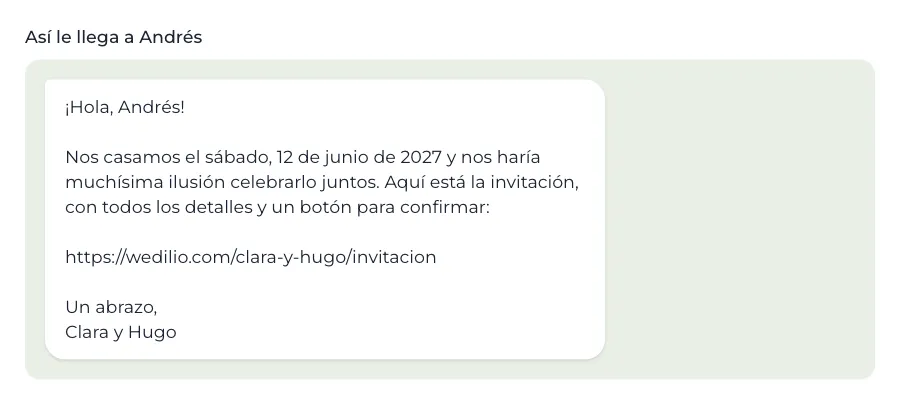 Mensaje de invitación con el nombre del invitado ya escrito, tal como le llega