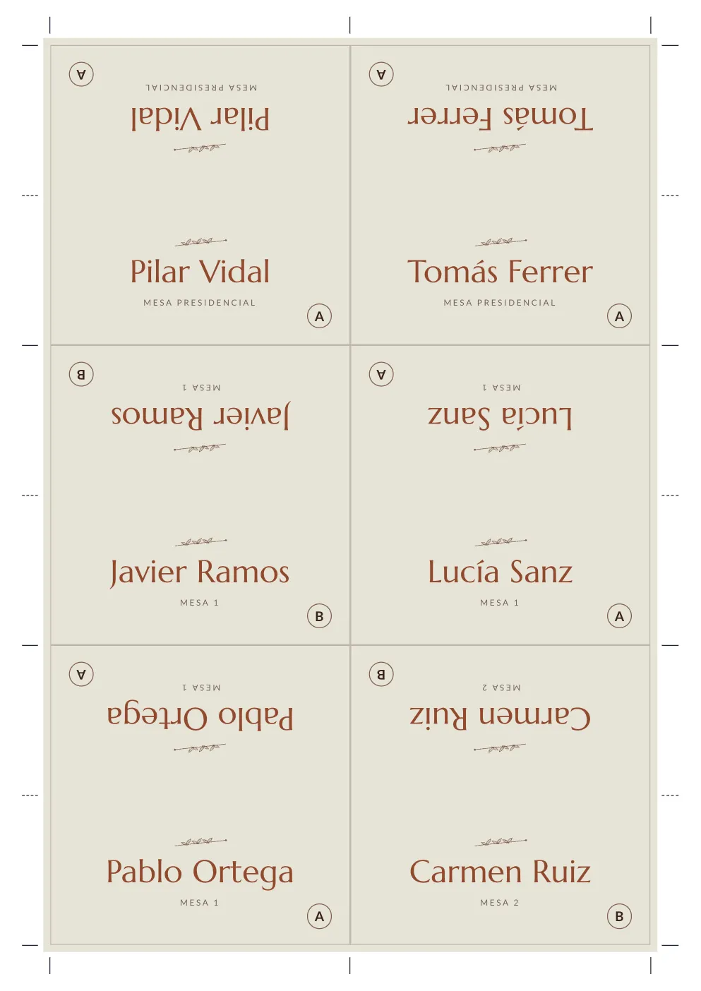 Hoja A4 con seis marcasitios de boda para recortar y doblar, cada uno con el nombre del invitado, su mesa y la letra de su menú