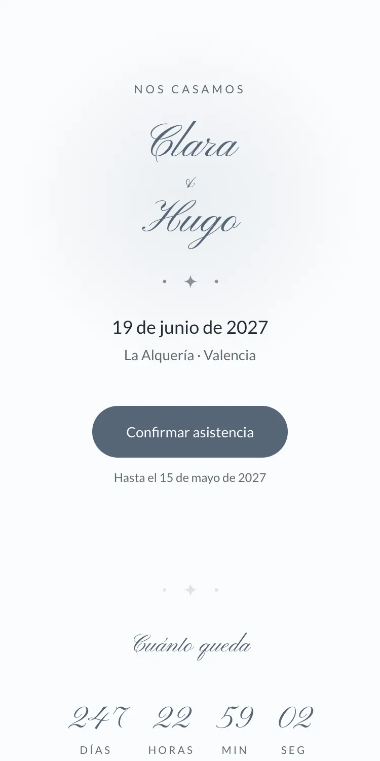 Web de boda con la plantilla Nácar en la paleta Bruma, en el móvil