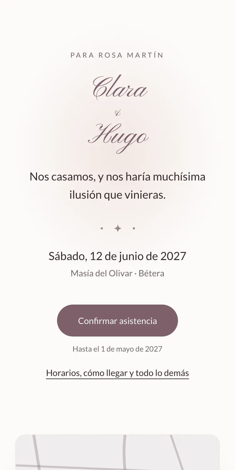 Invitación digital de boda con la plantilla Nácar, dirigida a Rosa Martín, en el móvil