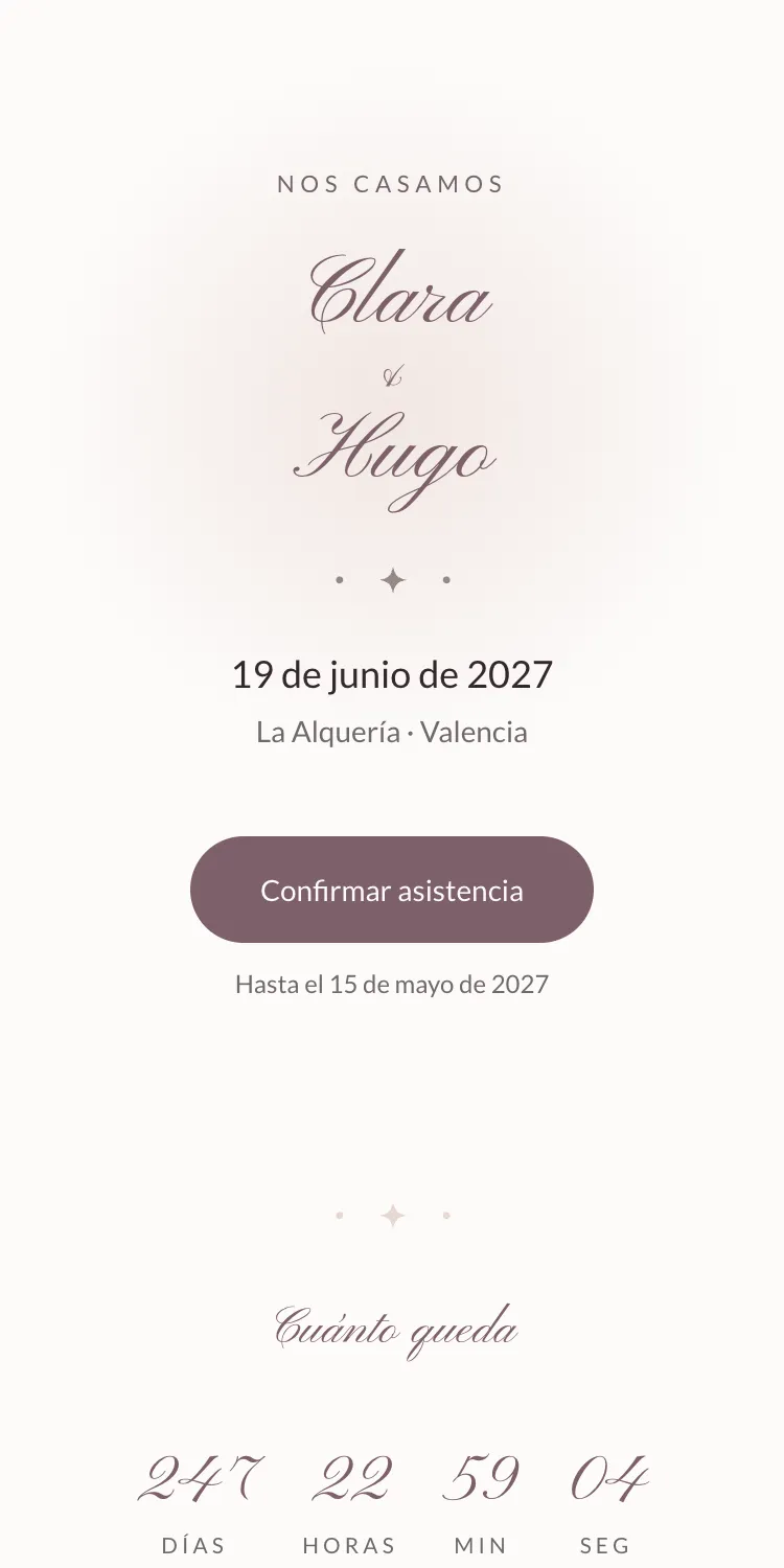 Web de boda con la plantilla Nácar en la paleta Nácar, en el móvil