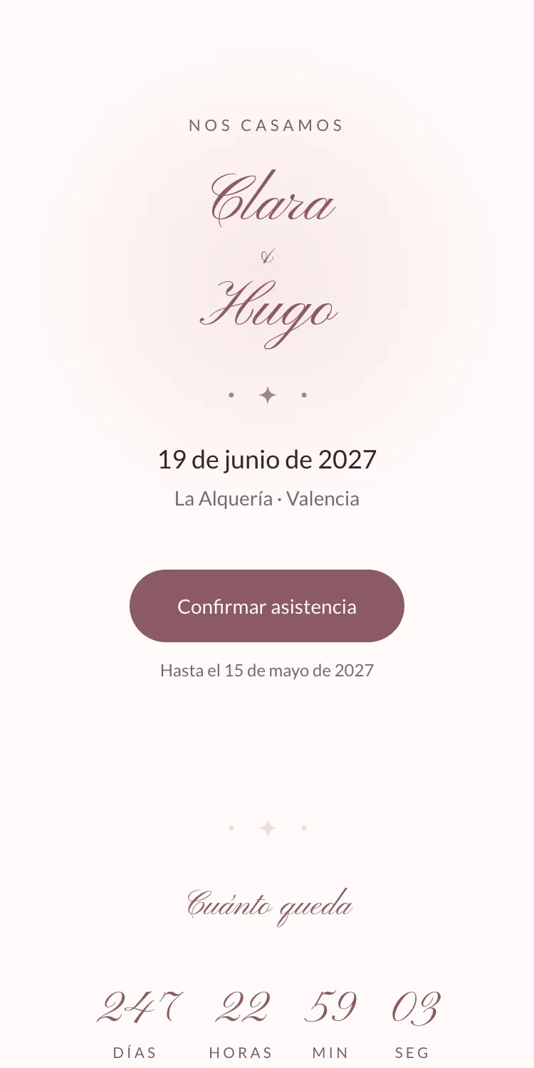Web de boda con la plantilla Nácar en la paleta Polvo de rosa, en el móvil