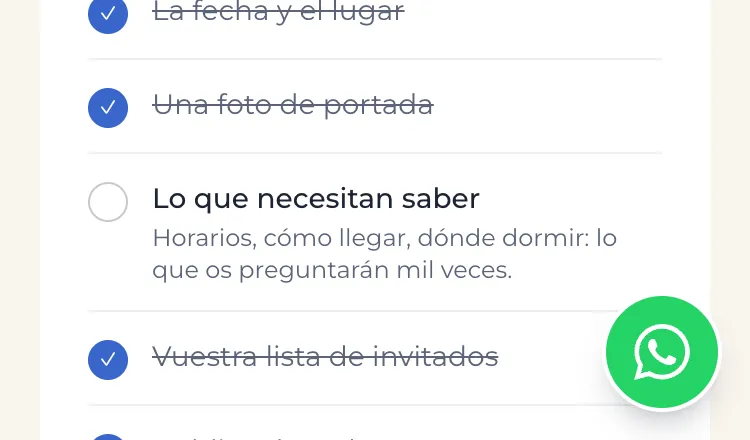 Botón verde de WhatsApp en la esquina del panel de la pareja, para escribir a Wedilio