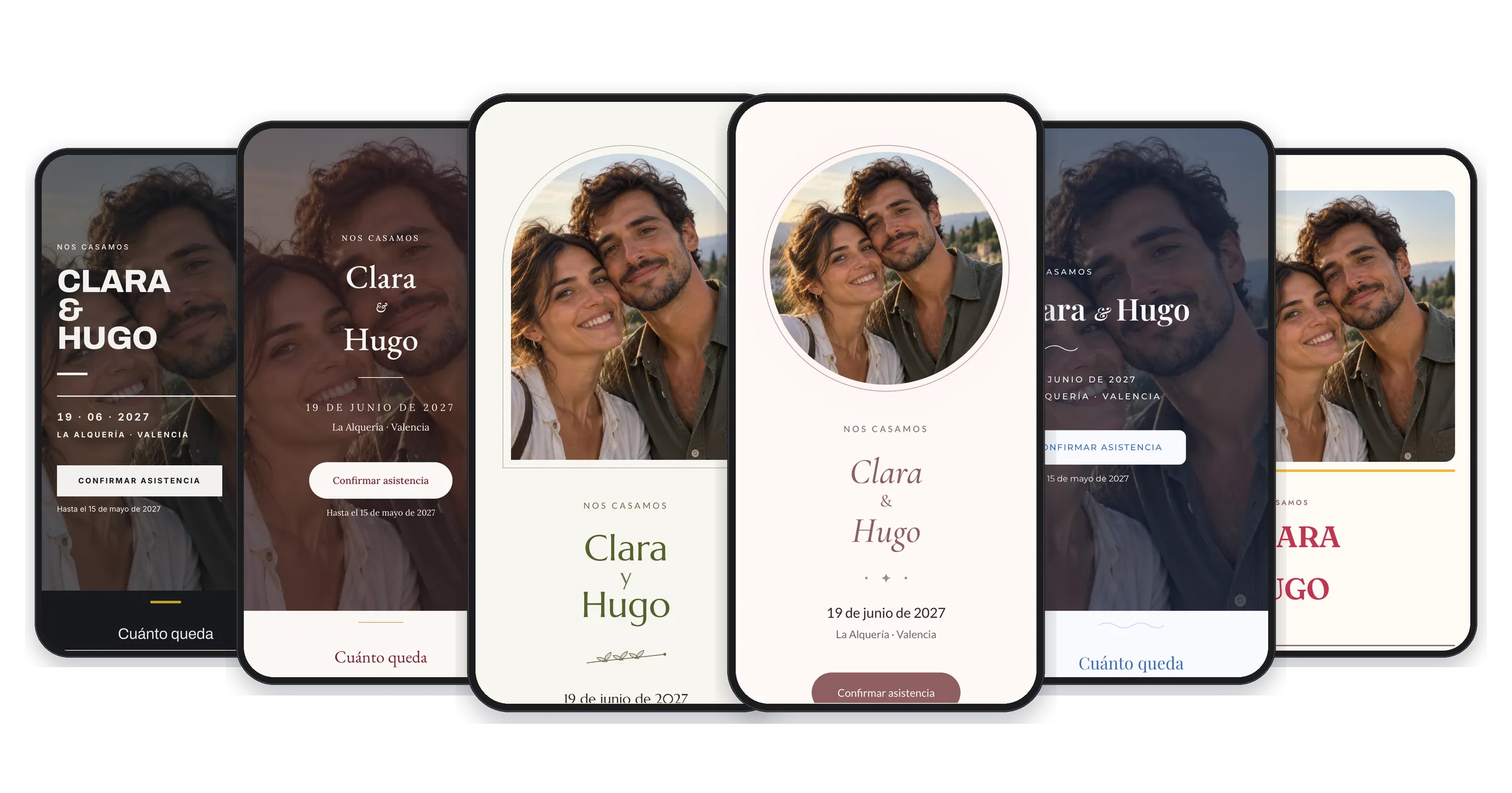 Seis plantillas de web de boda en el móvil, con la misma pareja: Grafito, Lacre, Olivar, Aurora, Marea y Verbena