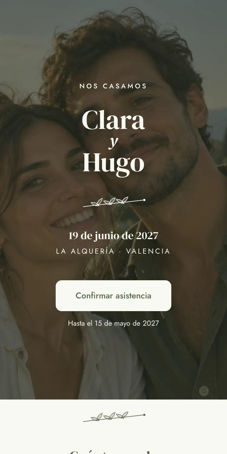 Web de boda con la plantilla Romero en la paleta Tomillo, en el móvil