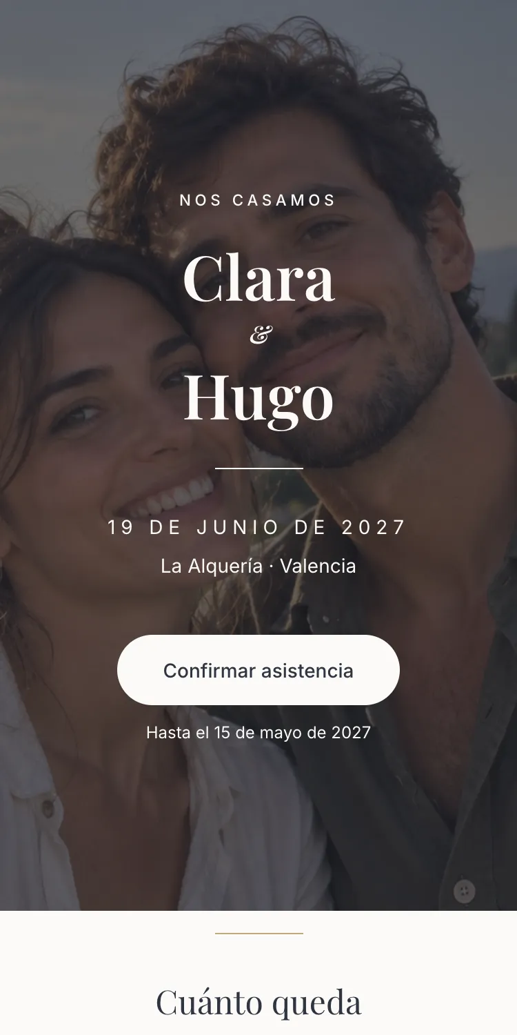 Web de boda con la plantilla Sereno en la paleta Lino, en el móvil