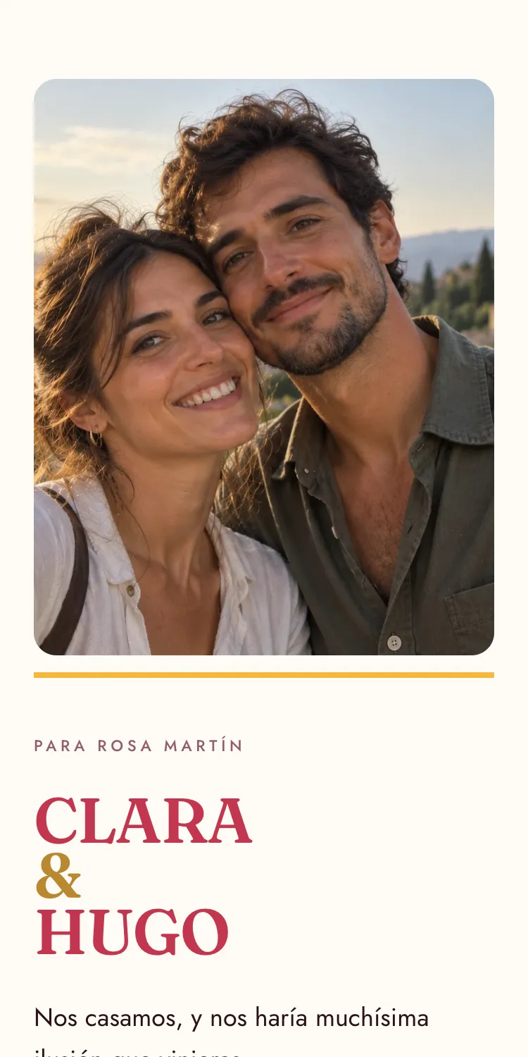 Invitación digital de boda con la plantilla Verbena, dirigida a Rosa Martín, en el móvil
