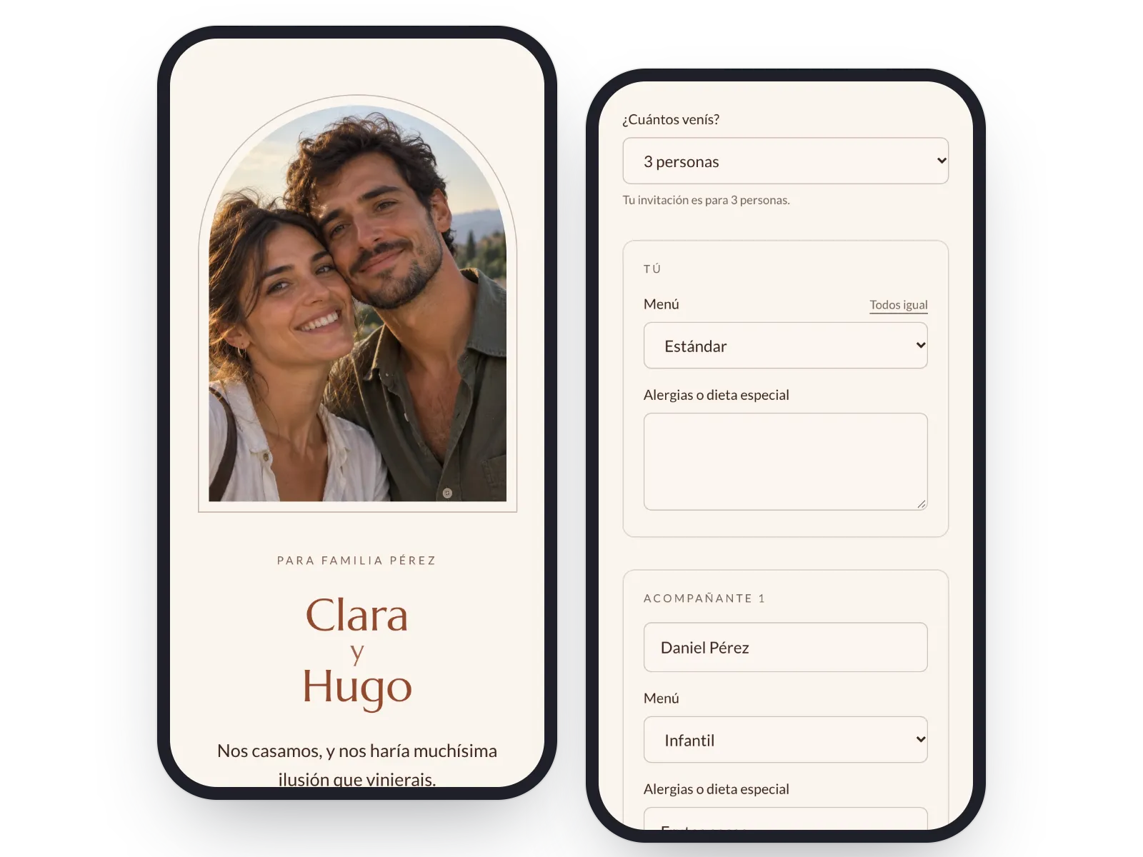Invitación de boda digital para la familia Pérez y su confirmación con el menú de cada persona, en dos móviles