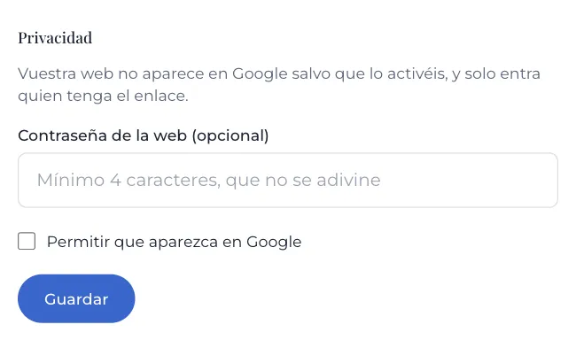 Ajustes de privacidad de una web de boda: fuera de Google y con contraseña